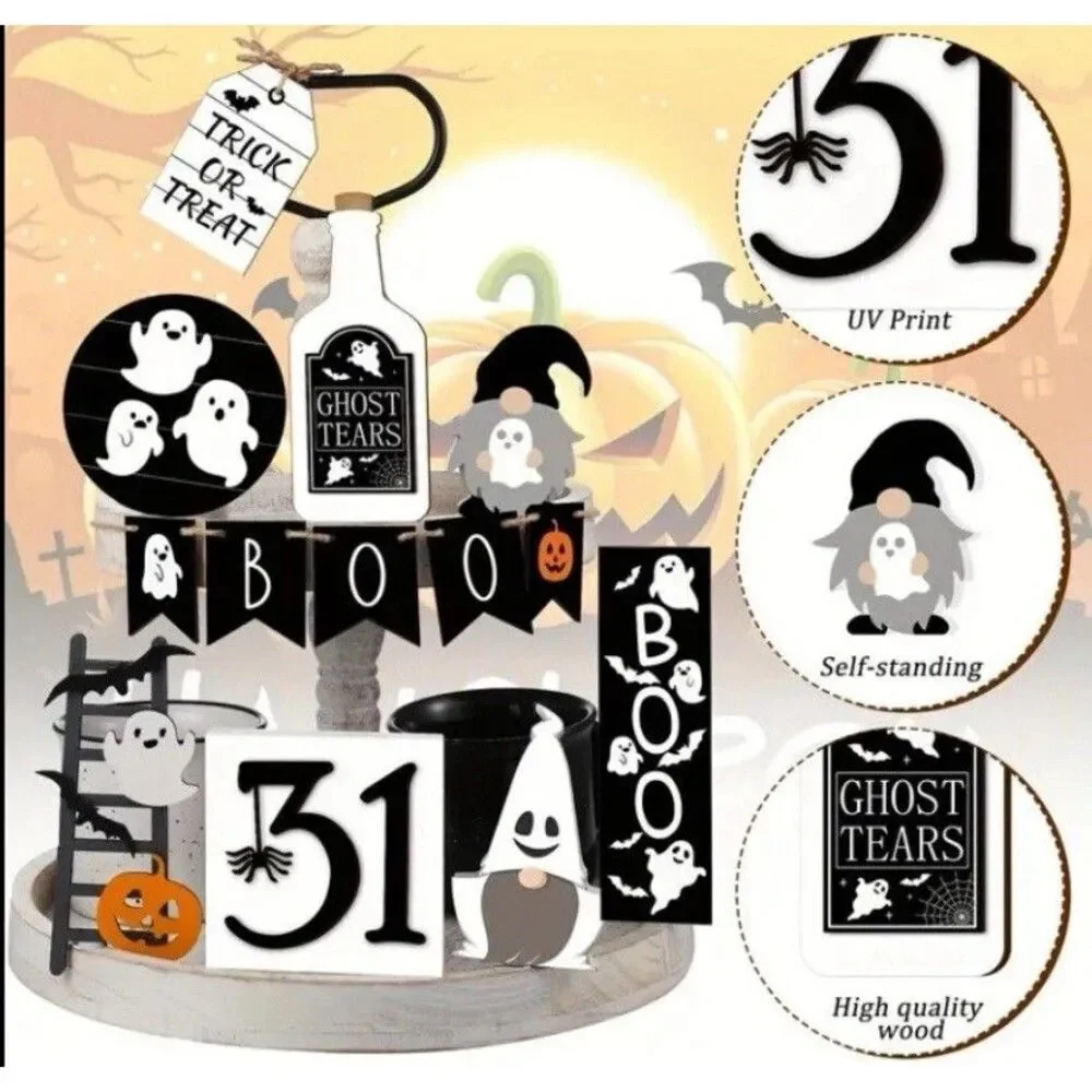 Halloween 13 Piece Rustic Country Wood Halloween Decor Set Farmhouse Tier Tray